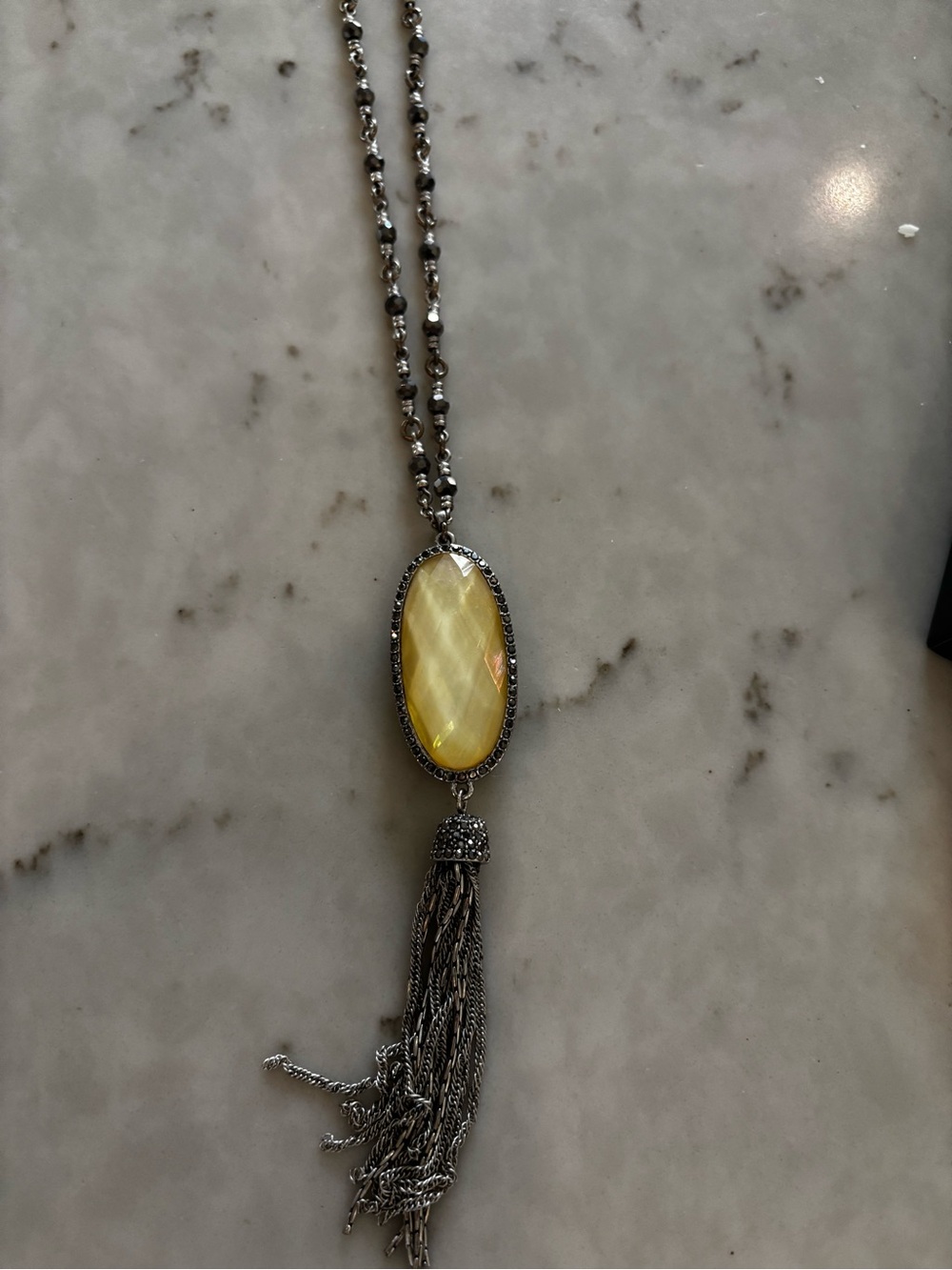 Long Silver Pendant Necklace with Green Stone and Tassel - Picture 3 of 7